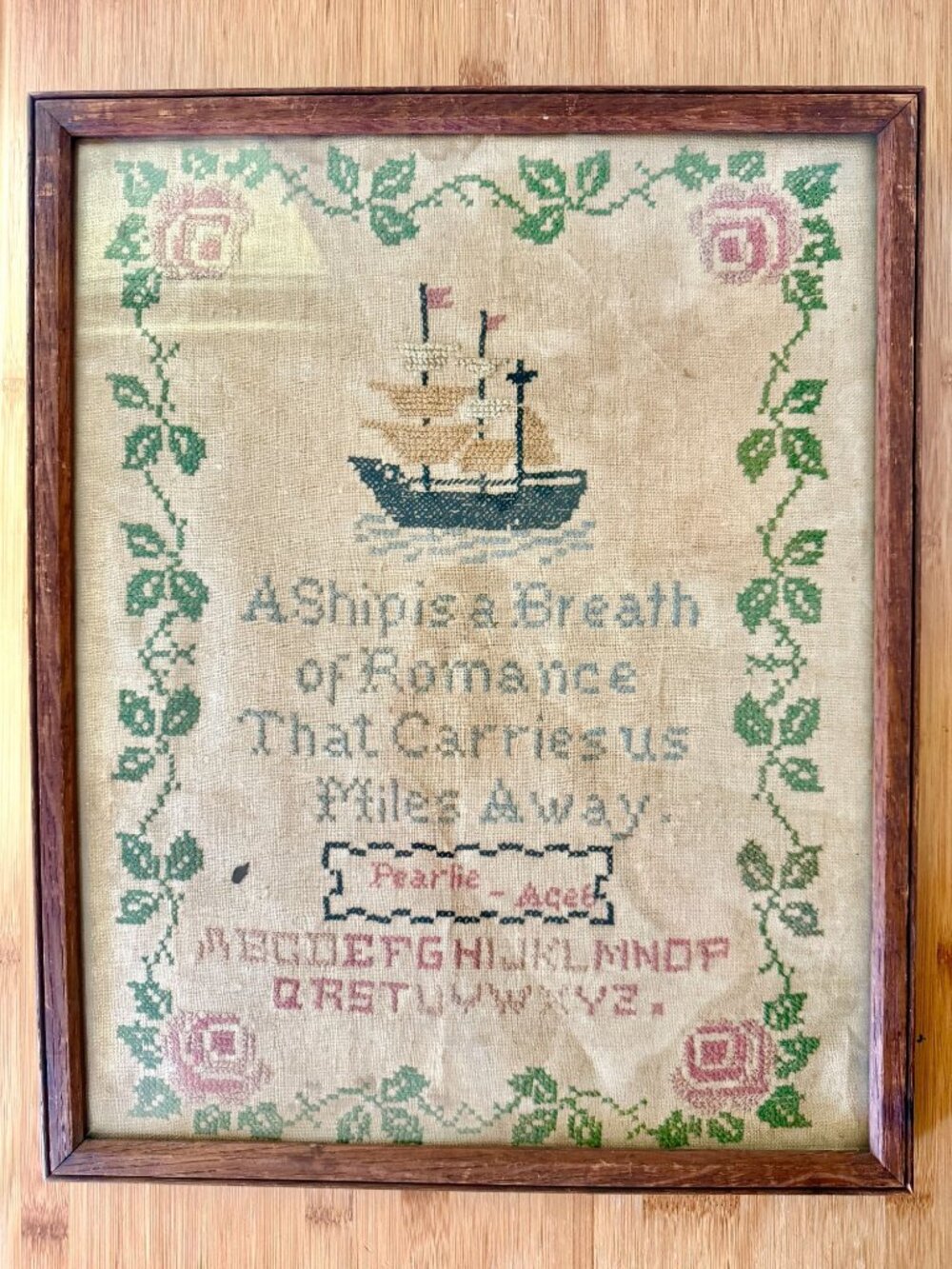 Antique Early Century Framed Embroidered Art A Ship Is A Breath of Romance That